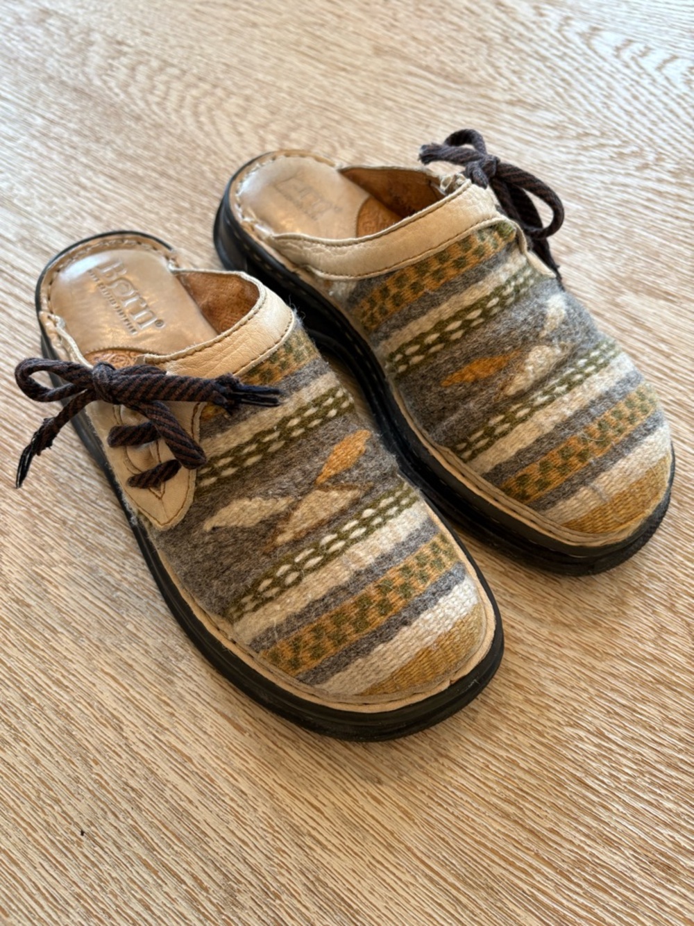 Born Wool Patterned Clogs Slides Mule Slippers Patterned Rubber Treaded Sole